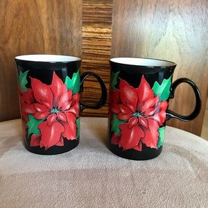 Dunoon Stoneware mugs SET of 2. ‘Poinsettia’ Caroline Bessey. Made in Scotland